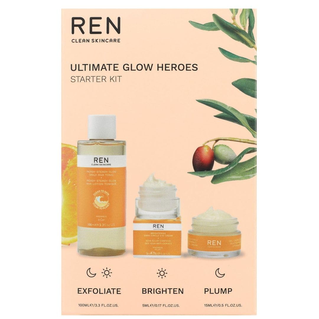 REN Clean Skincare REN Radiance Ultimate Glow Heroes Starter Kit, Ready Steady Glow Daily AHA Tonic 100ml, Dark Circle Eye Cream 5ml, Glow Daily Vitamin C Gel Cream 15ml, Gift Set