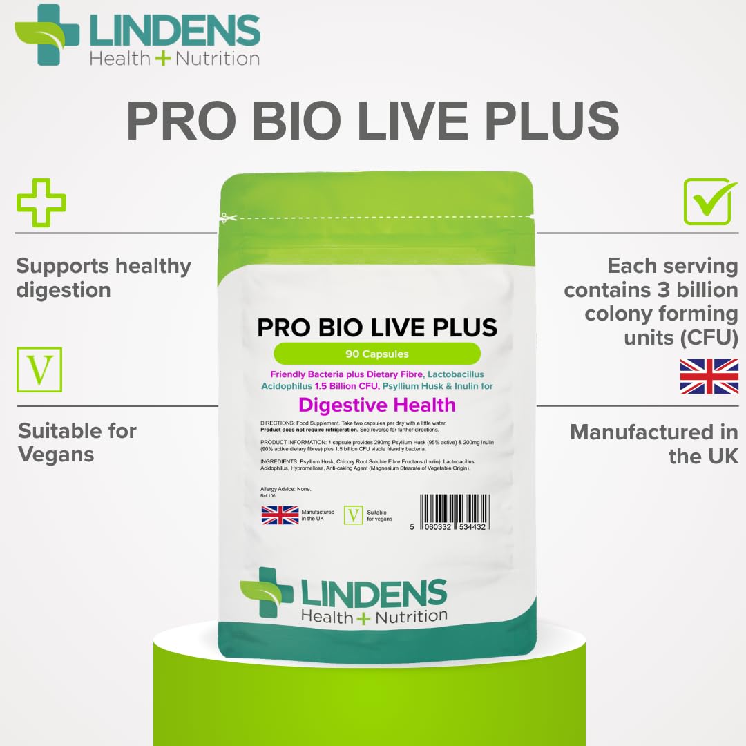 Lindens - Pro Bio Live Plus Dietary Fibre - 90 Capsules - UK Made - Lactobacillus Acidophilus, 1.5 Billion CFU with Psyllium Husk & Inulin, Healthy Digestion - Letterbox Friendly, Vegan
