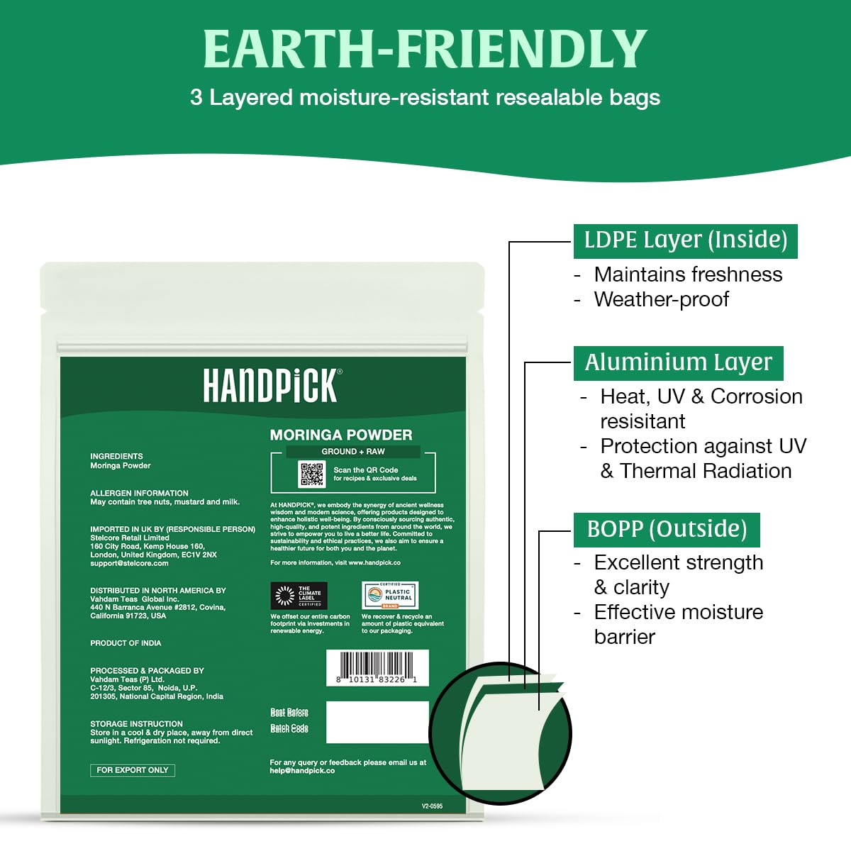 HANDPICK, Moringa Powder (500g/17.6oz) Pure Moringa Oleifera/Moringa Leaves | Resealable Zip Lock Pouch | Perfect for Cooking, Smoothies, Lattes & Moringa Tea