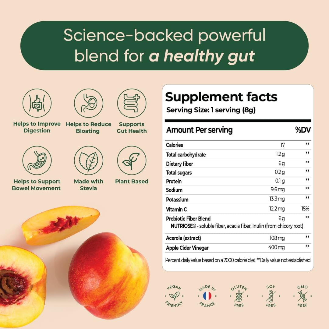 Rite Gut Health Prebiotic Powder, High Fibre, Soluble Fibre Powder, Digestive Health, Vegan, Peach Flavour (30 Servings, 1 Month)