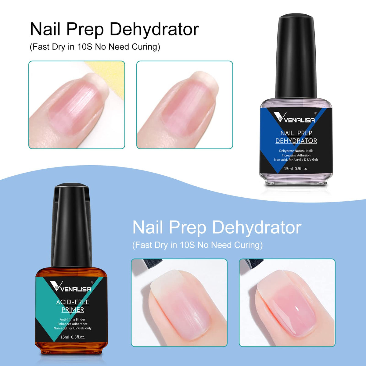 VENALISA Nail Primer and Dehydrator Set Professional Natural Nails Primer and Nail Prep Dehydrate Quick Dry For Gel Nail Polish Extension gel Acrylic Powder 15ml 0.5oz