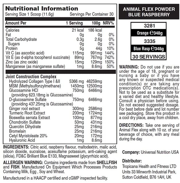 Animal Flex Powder – All-In-One Complete Joint Support Supplement–Contains Collagen, Turmeric Root, Curcumin, Glucosamine & Chondroitin – Helps Repair & Restore Joints – Blue Raspb. Flavour, 30 Scoops