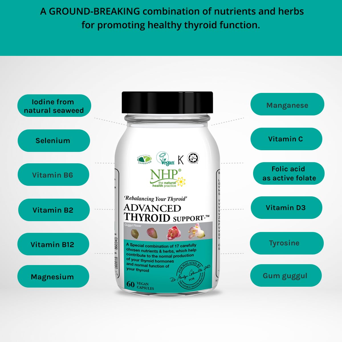NHP The Natural Health Practice NHP Advanced Thyroid Support – A Powerful Blend of 17 Nutrients & Herbs for Optimal Thyroid Function, Energy, Hormonal Balance & Metabolism – 60 Vegan Capsules, No Fillers, Gluten-Free