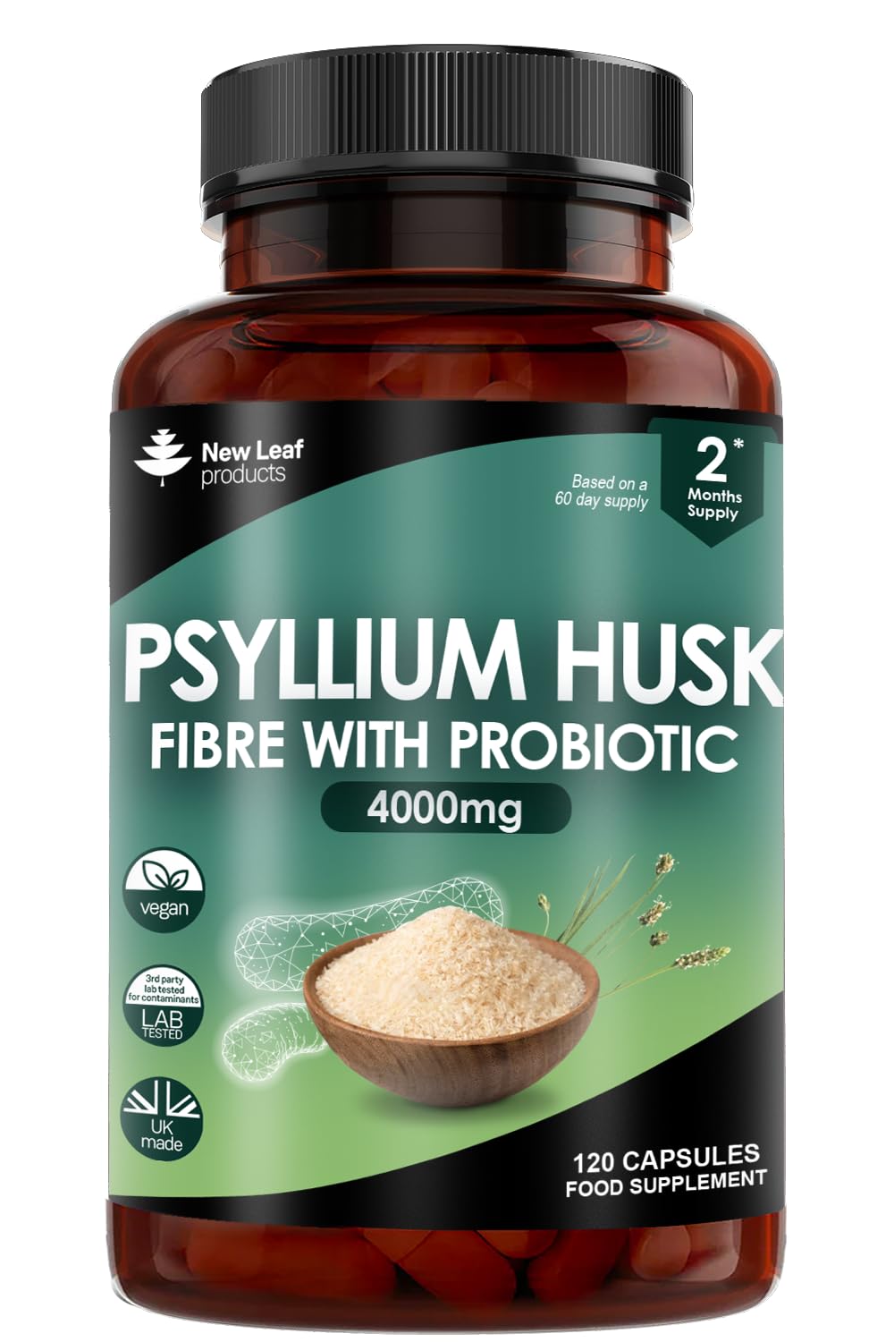 Fibre Supplement 4000mg Psyllium Husk With Probiotic Acidophilus - High Strength - Natural Soluble Fiber Supplement From Plantago Ovata Seeds, 120 Psyllium Husks capsules Vegan, Made in UK by New Leaf