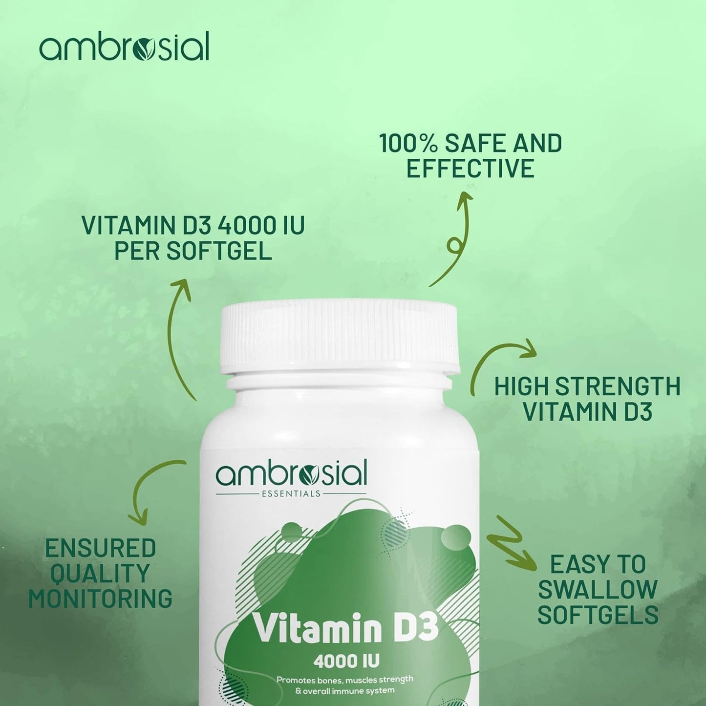 AMBROSIAL Ambrosial Vitamin D3 4000 IU (100 mcg) Softgel - High Strength Vitamin D Supplement | Gluten Free | Supports Immune System, Healthy Bones & Teeth | Vitamin D 4000iu | Pack of 1-120 Softgels