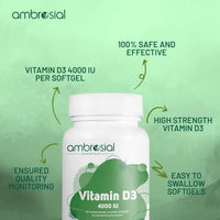 AMBROSIAL Ambrosial Vitamin D3 4000 IU (100 mcg) Softgel - High Strength Vitamin D Supplement | Gluten Free | Supports Immune System, Healthy Bones & Teeth | Vitamin D 4000iu | Pack of 1-120 Softgels