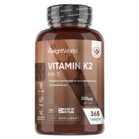 WeightWorld Vitamin K2 MK7 200mcg - 1 Year Supply - 365 Vegan Tablets - 1 per Day - Bioavailable Form - Non-GMO & Magnesium Stearate-Free K2 Vitamin Supplements - Made in the UK