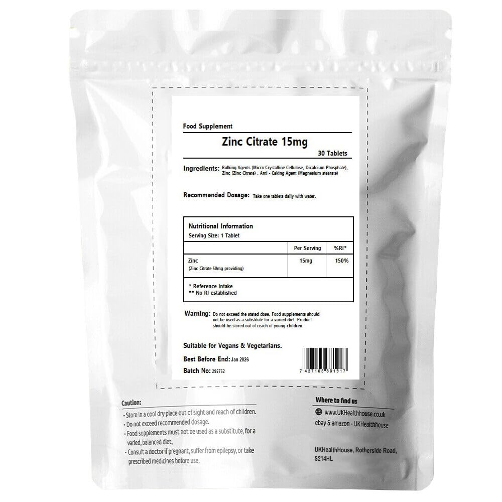 UKHealthHouse Zinc Citrate - 15mg x 30 - High Strength - Healthy Hair, Skin, Nails, Vision & Hormone Balance - Vegetarian & Vegan - General Health