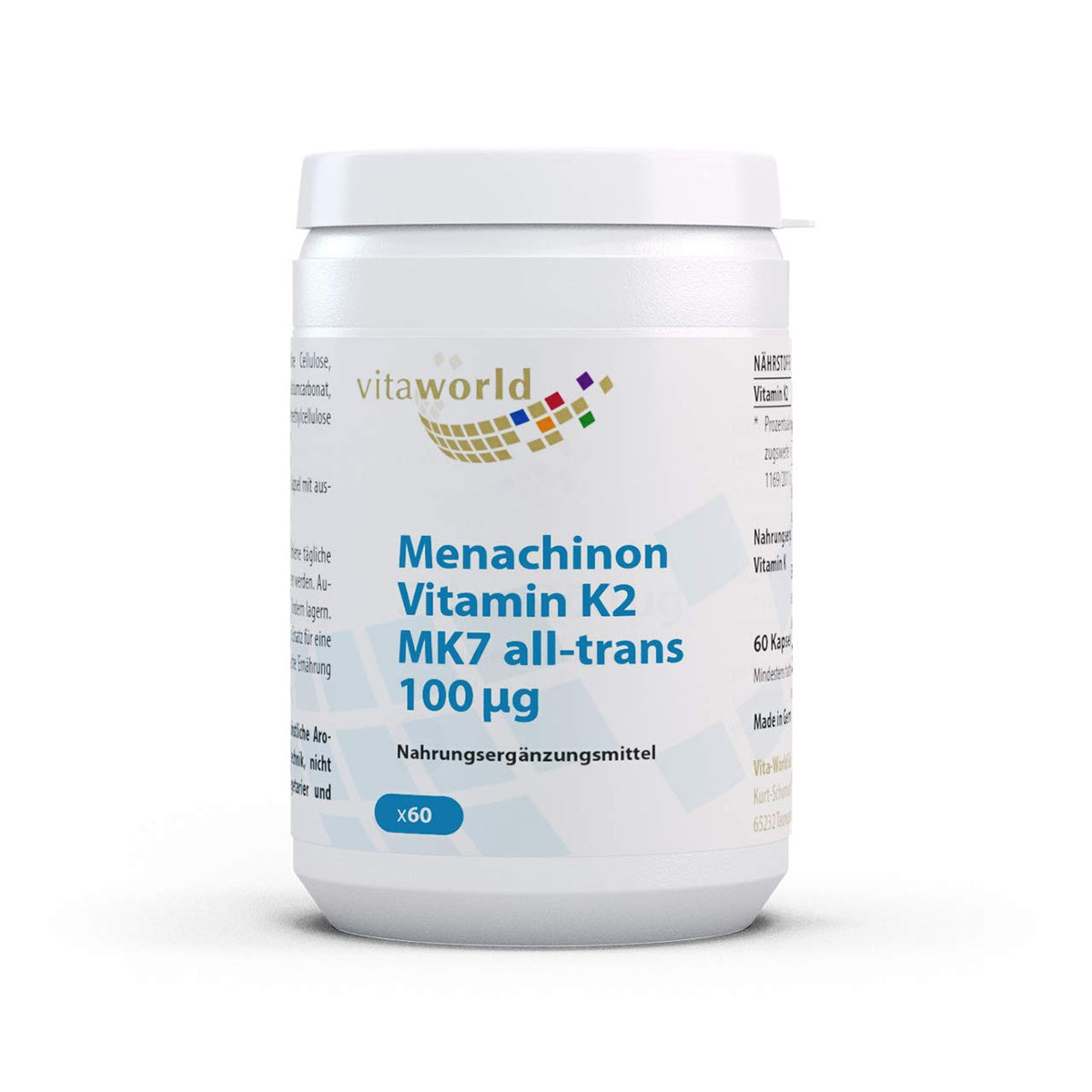 Vita World Menaquinone MK-7 Vitamin K2 All-Trans 100µg 60 Vegetarian Capsules Made in Germany