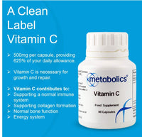 Vitamin C Capsules by Metabolics | 500mg Vitamin C Per Capsule Providing 625% NRV | Pot of 90 Capsules Suitable for Vegans & Vegetarians- No Additives or Flowing Agents