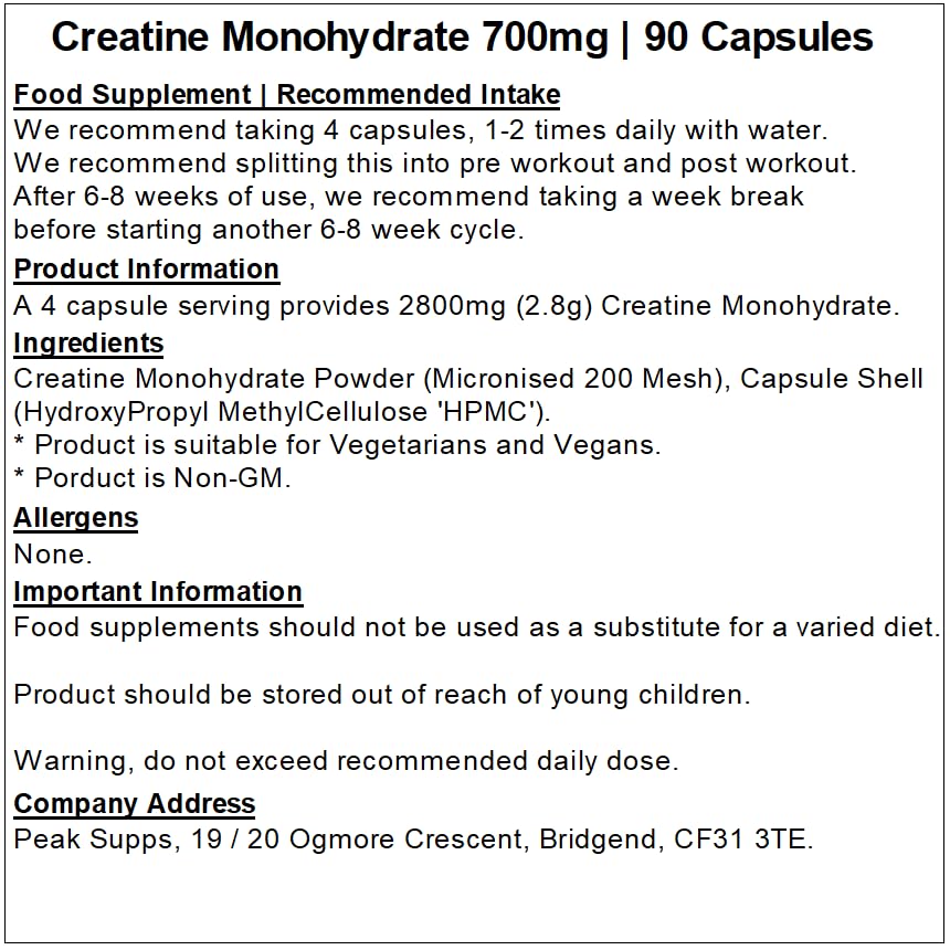 Peak Supps Creatine Monohydrate 700mg - 90 Capsules | Pure No Fillers
