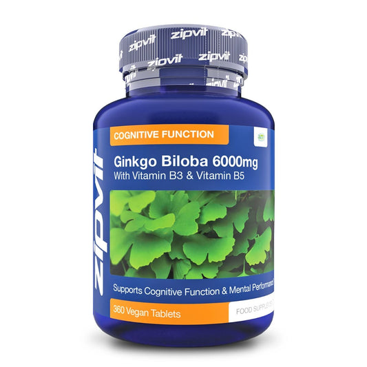 Ginkgo Biloba 6000mg Standardised Leaf Extract, 360 Vegan Tablets with Vitamin B3 and B5. Supports Focus, Mental Performance, and Energy. Vegetarian Society Approved. 12 Months Supply.