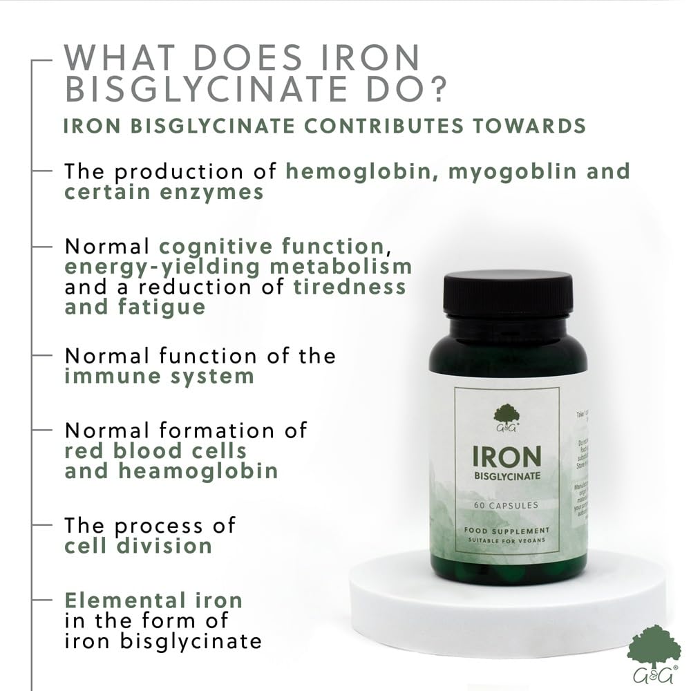 Iron Bisglycinate 20mg - Chelated for Better Absorption - with Vitamin C - 60 Vegan Capsules - Non-GMO, Made in The UK by G&G Vitamins
