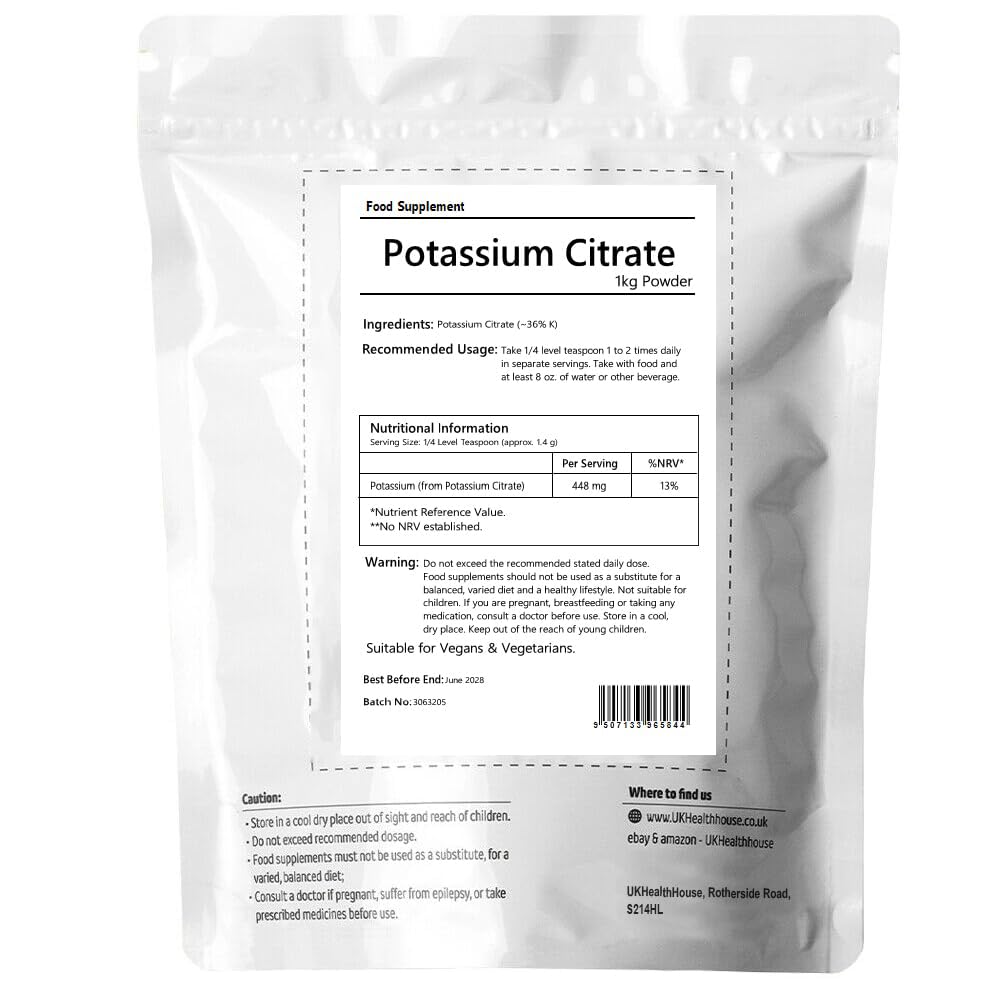 UKHealthHouse Potassium Citrate Powder 1kg– High Strength Potassium Electrolyte Supplement | Supports Muscle & Nerve Function | Electrolytes Powder for Keto & Fasting | Dairy & Gluten Free