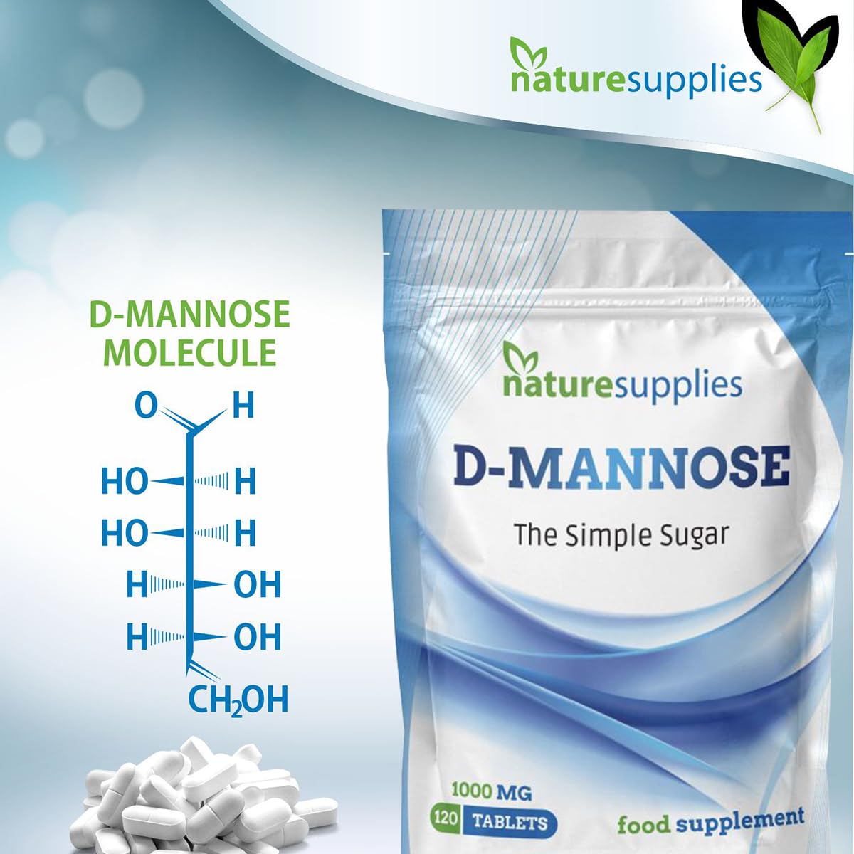 naturesupplies D-mannose Tablets 1000mg, 120 Pack - Vegan Friendly - Premium Coated High Strength Tablets - Naturesupplies