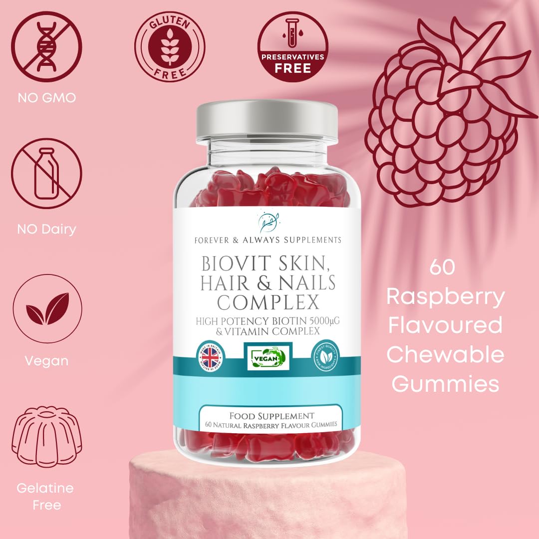 Forever & Always Supplements Biotin Hair Skin & Nails Gummies, 60 Vegan Raspberry Flavoured Biotin Hair Growth Gummies, high Strength 5000μg Hair Vitamins & Minerals, Nail & Skin Supplement