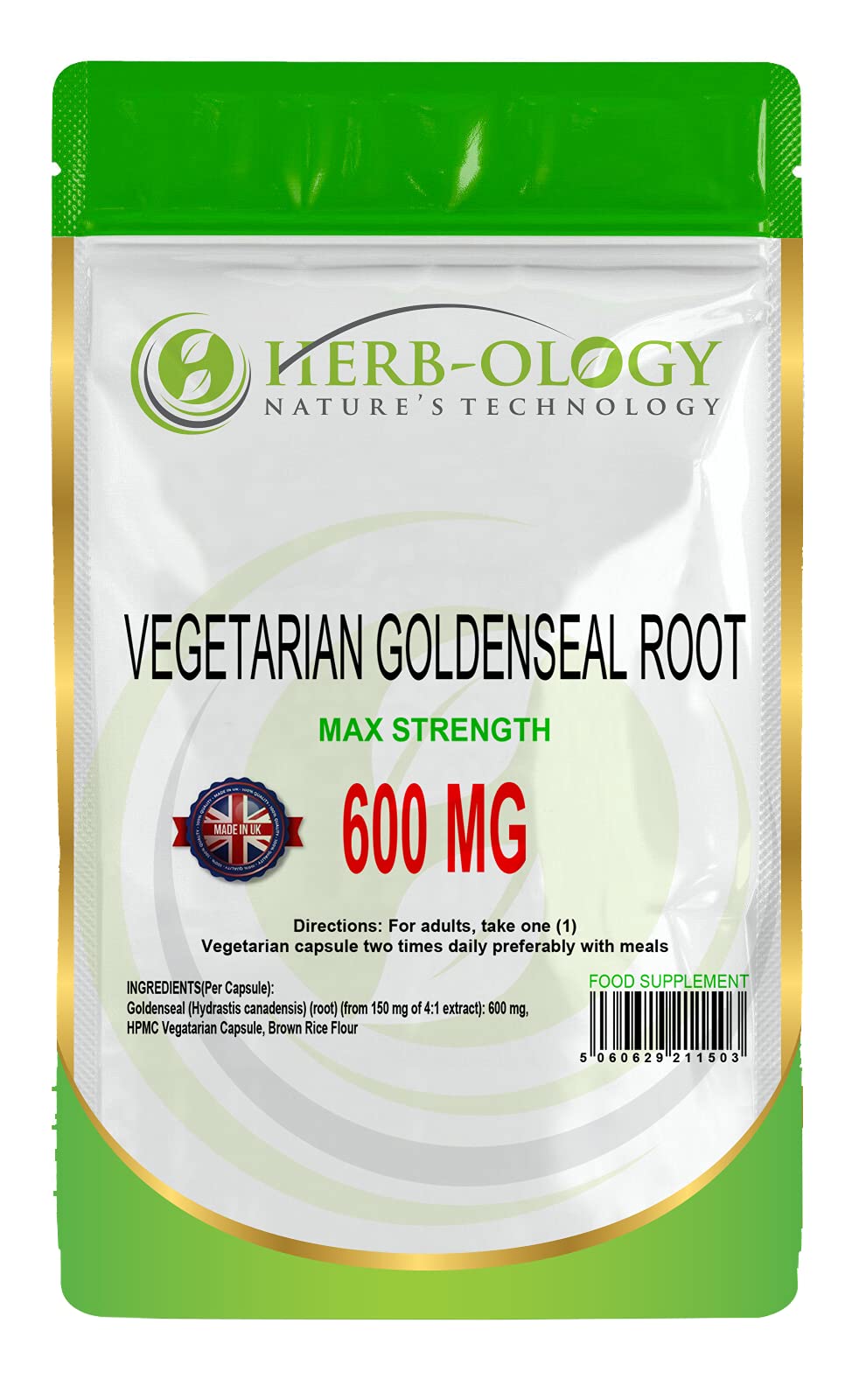 Herb-ology.co.uk Nature's Technology HB Goldenseal | 60 Goldenseal Root Capsules - 600mg 4:1 Extract High Strength Golden Seal Root per Serving | Non-GMO, Gluten & Allergen Free | Manufactured in The UK