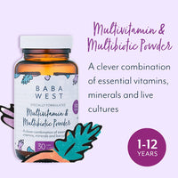 BABA WEST Baba West | Children's Multivitamin & Multibiotic Powder | with Live Cultures, Essential Vitamins & Minerals | Kids 1 to 12 Years