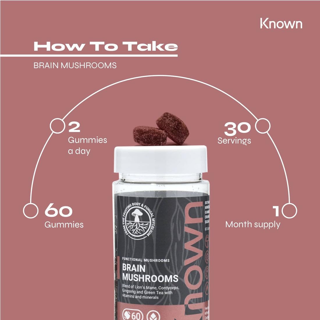 Vegan Brain Supplement Mushrooms Gummies by Known Nutrition | Brain Support with Cordyceps and Lion’s Mane | Delicious Natural Blood Orange Flavour | 60 Two-a-Day Vegan Gummies (One Month’s Supply)