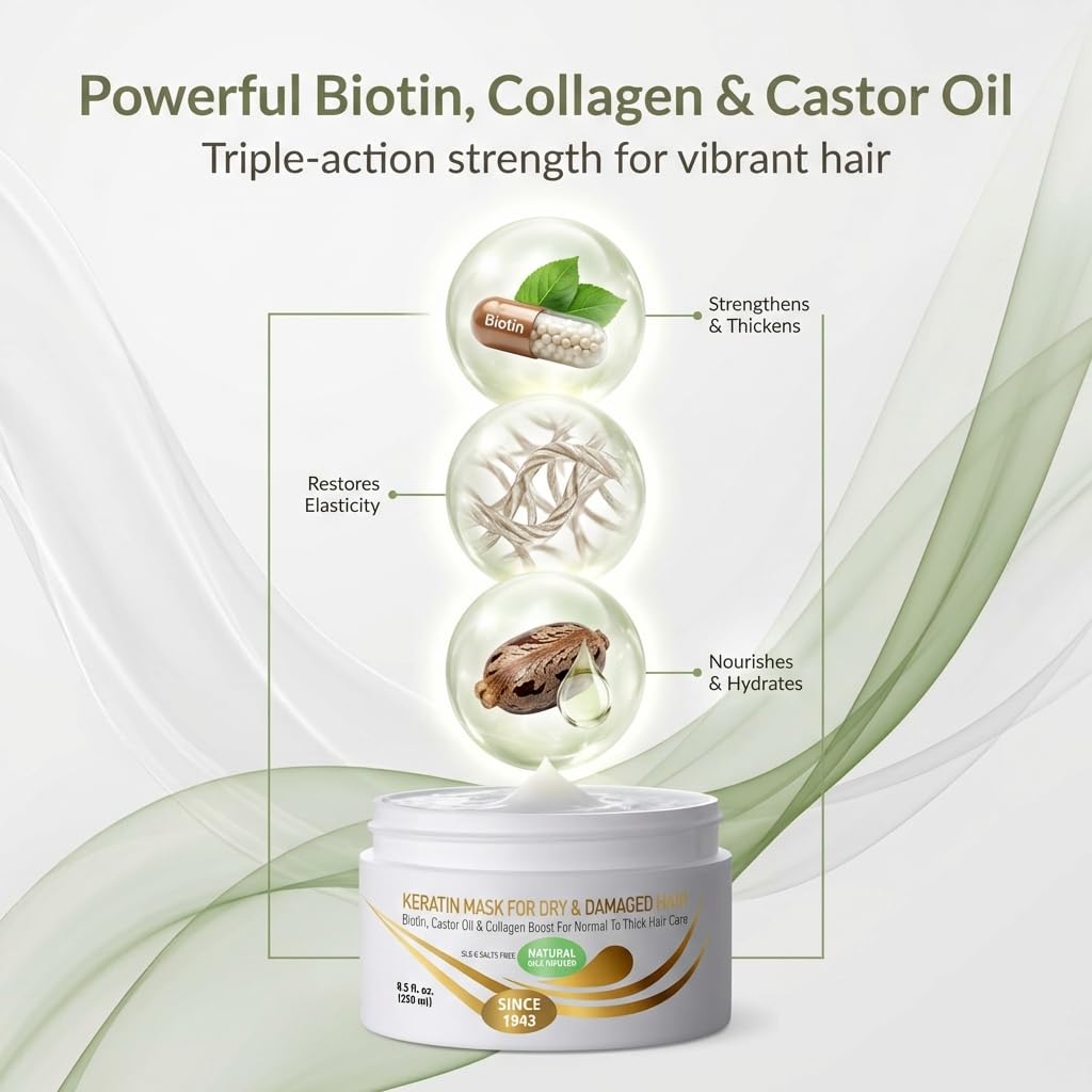 VITAMINS hair cosmetics VITAMINS Hair Cosmetics Keratin Hair Mask for Damaged Locks - Deep Conditioner with Biotin, Castor & Coconut Oil - Collagen Protein Treatment for Thick Coarse Hair Repair - 250 ML