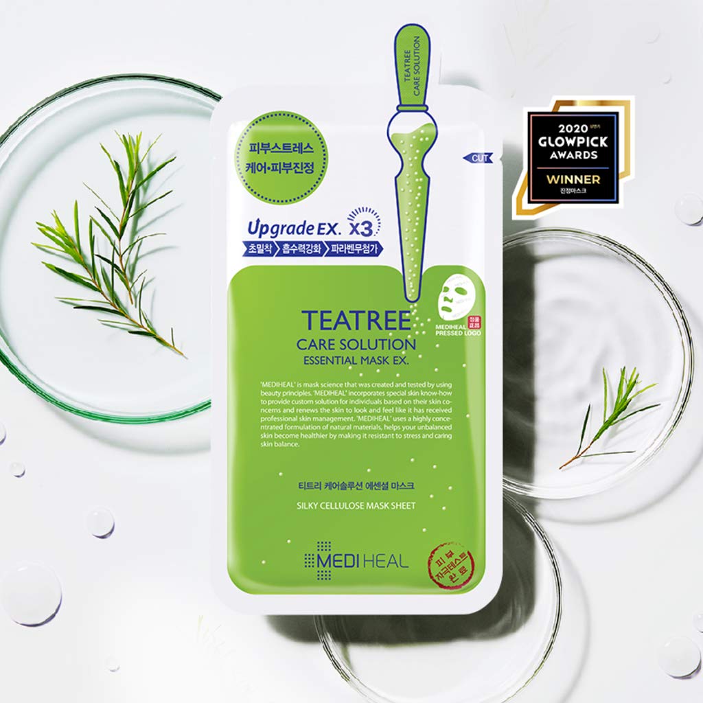 MEDIHEAL Teatree Care Solution Essential Mask EX. 10 Masks - Skin Soothing & Sebum Control Mask Pack for Sensitive Oily Skin, Korea's No.1 Sheet Mask