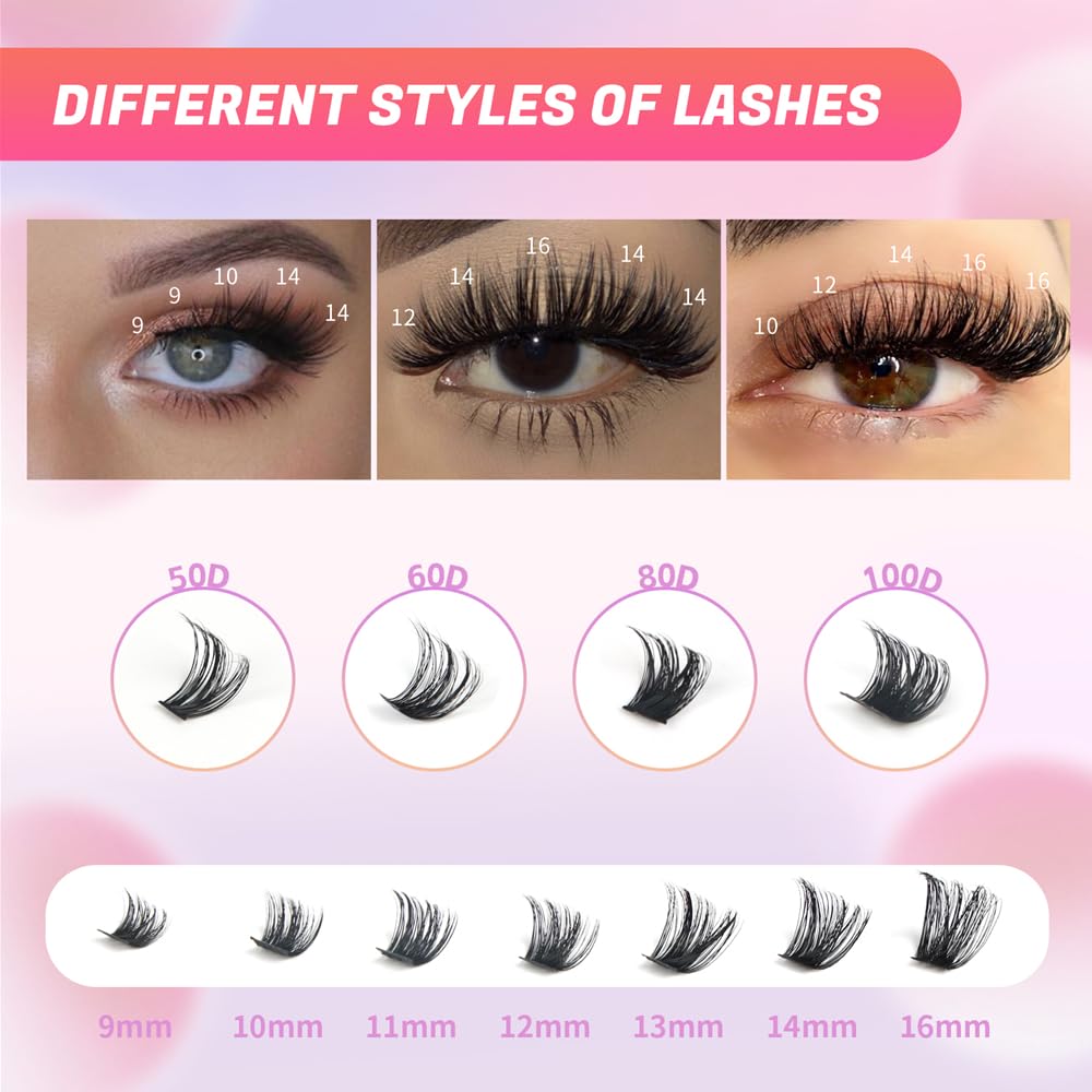 FANDIQ Individual Lashes, 280 Pcs Cluster Lashes D Curl Eyelash Extensions 8-16MM Natural Volume Eyelash Clusters DIY Lash Extension for Beginners(50D 8-16mm)