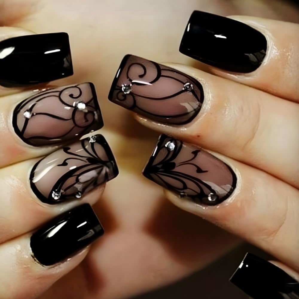 JUSTOTRY 24 Pcs Short False Nails with Butterfly and Diamond Pattern,Black Square Press on Nails,Glossy Fake Nails Medium for Nails Art,French Squoval Stick on Nails for Women Gifts