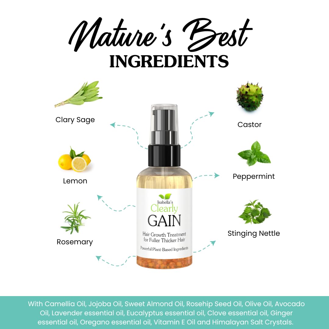 Isabella's Clearly GAIN, Hair Growth Oil and Thickening Scalp Treatment for Men and Women | Natural Herbal Serum with Castor, Clary Sage, Rosemary, Nettle Extract for Hair Loss, Alopecia, Thinning Hair