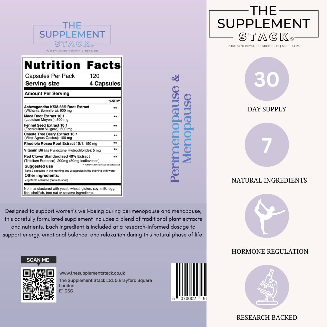 The Supplement Stack – Perimenopause & Menopause – Ashwagandha KSM-66®, Maca, Fennel, Chaste Tree Berry, Red Clover, Rhodiola, Vitamin B6 for Hormone Regulation | 120 Capsules – UK Company
