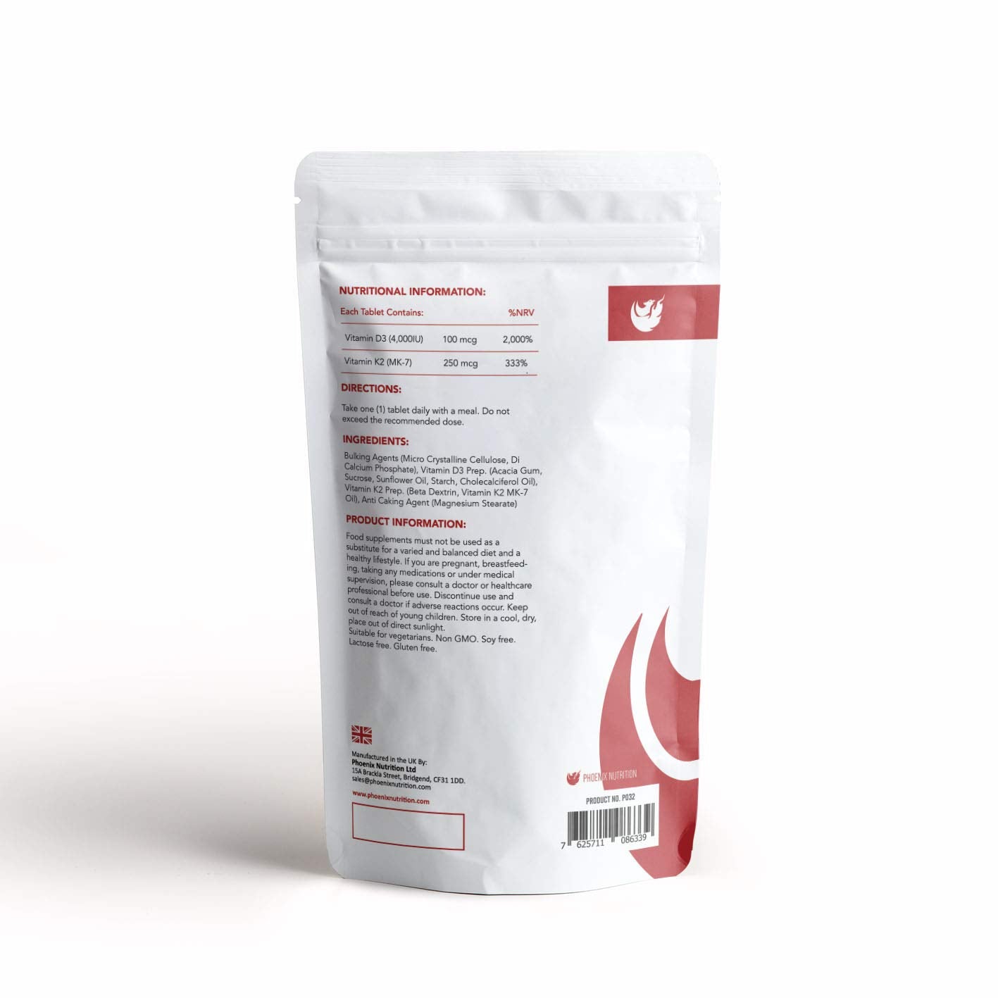 High Strength Vitamin D3 and K2 120 Tablets 4,000 IU 250mcg - Phoenix Nutrition