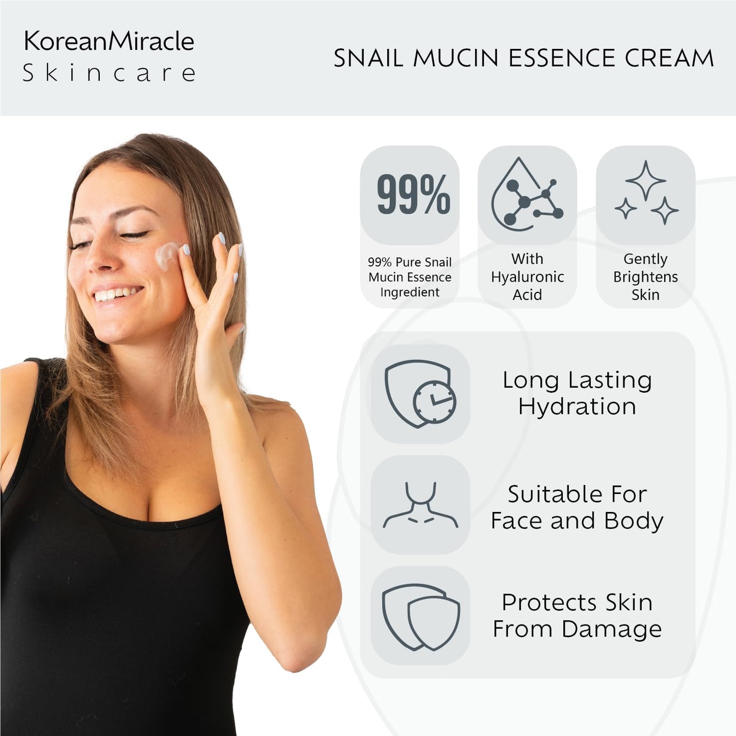 KoreanMiracle Skincare Premium Snail Mucin Essence Cream & Hyaluronic Acid - All In One Advanced Skin Repair, Deep Hydration, Blemish & Fine Line Removal - Snail Secretion Filtrate - Korean Inspired - UK Based Brand