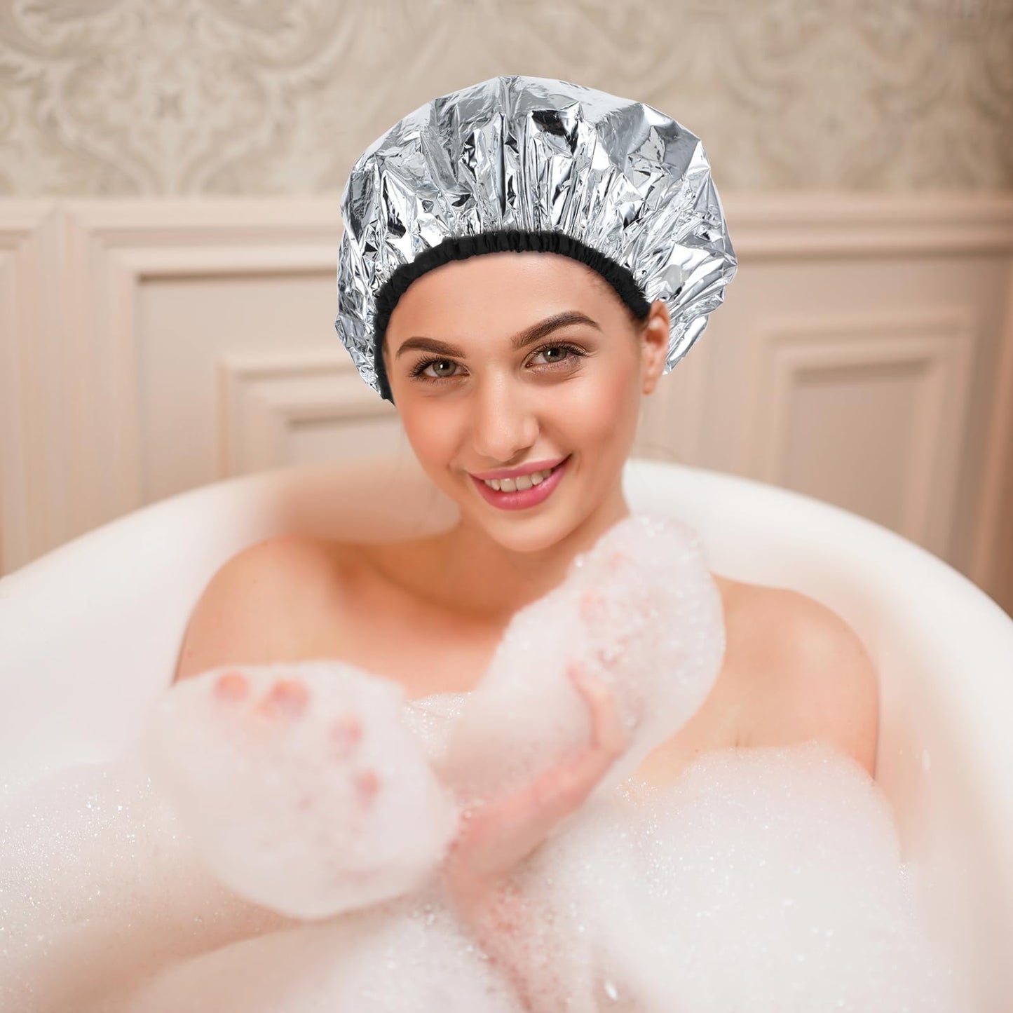 DIVINA VITAE 4 Pieces Aluminum Foil Heat Cap for Deep Conditioning, Reusable Deep Conditioning Hair Cap Heated Shower Cap for Hot Oil Hair Treatment Processing Caps for Hair Dye Cap Tin Foil Hat for Home Salon Use