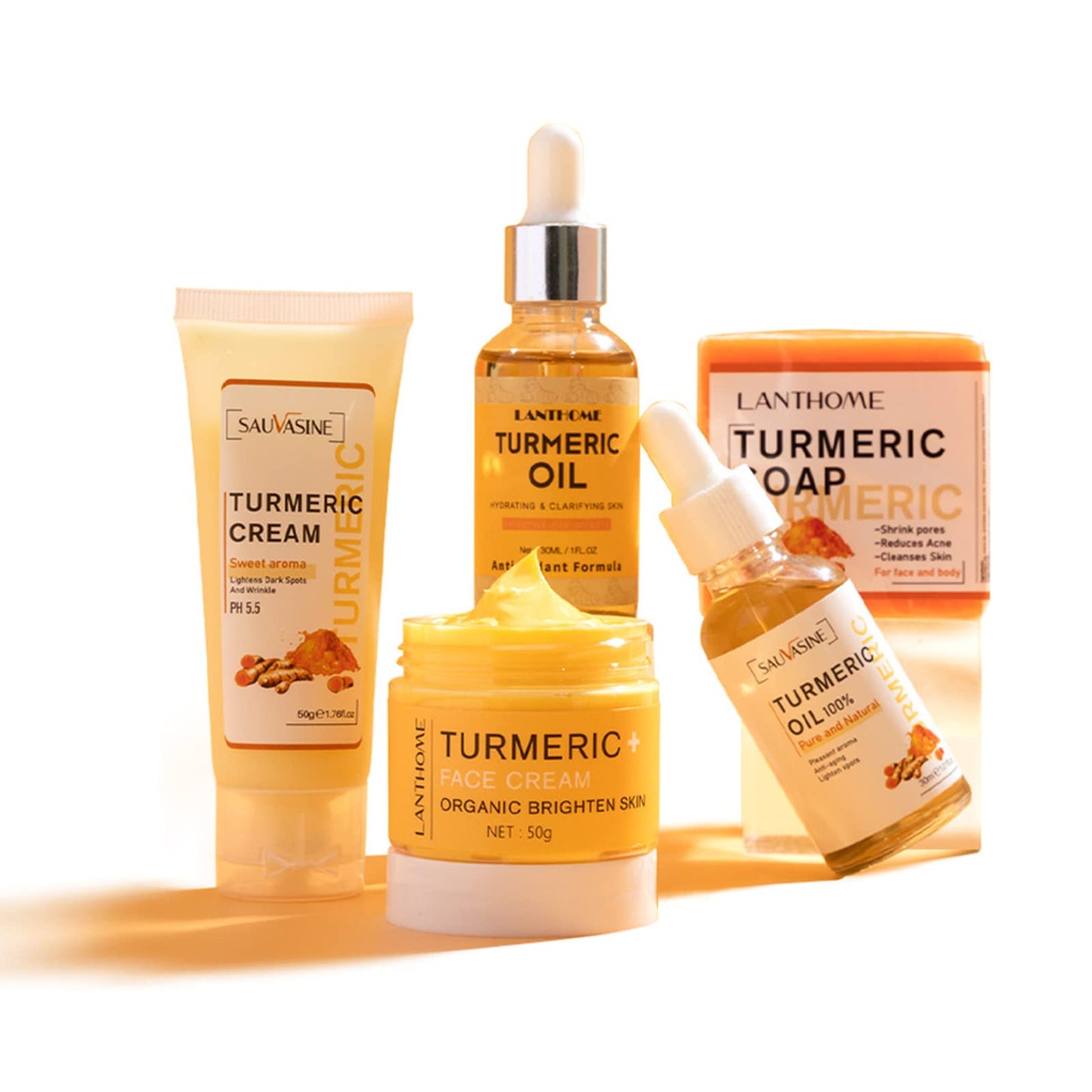 MKNZOME Turmeric Skincare Set, 5Pcs Skin Care Pamper Gifts for Women, Skin Care Sets & Kits Facial Kit with Turmeric Cream, Turmeric Soap, Turmeric Oil, Body and Bath Set