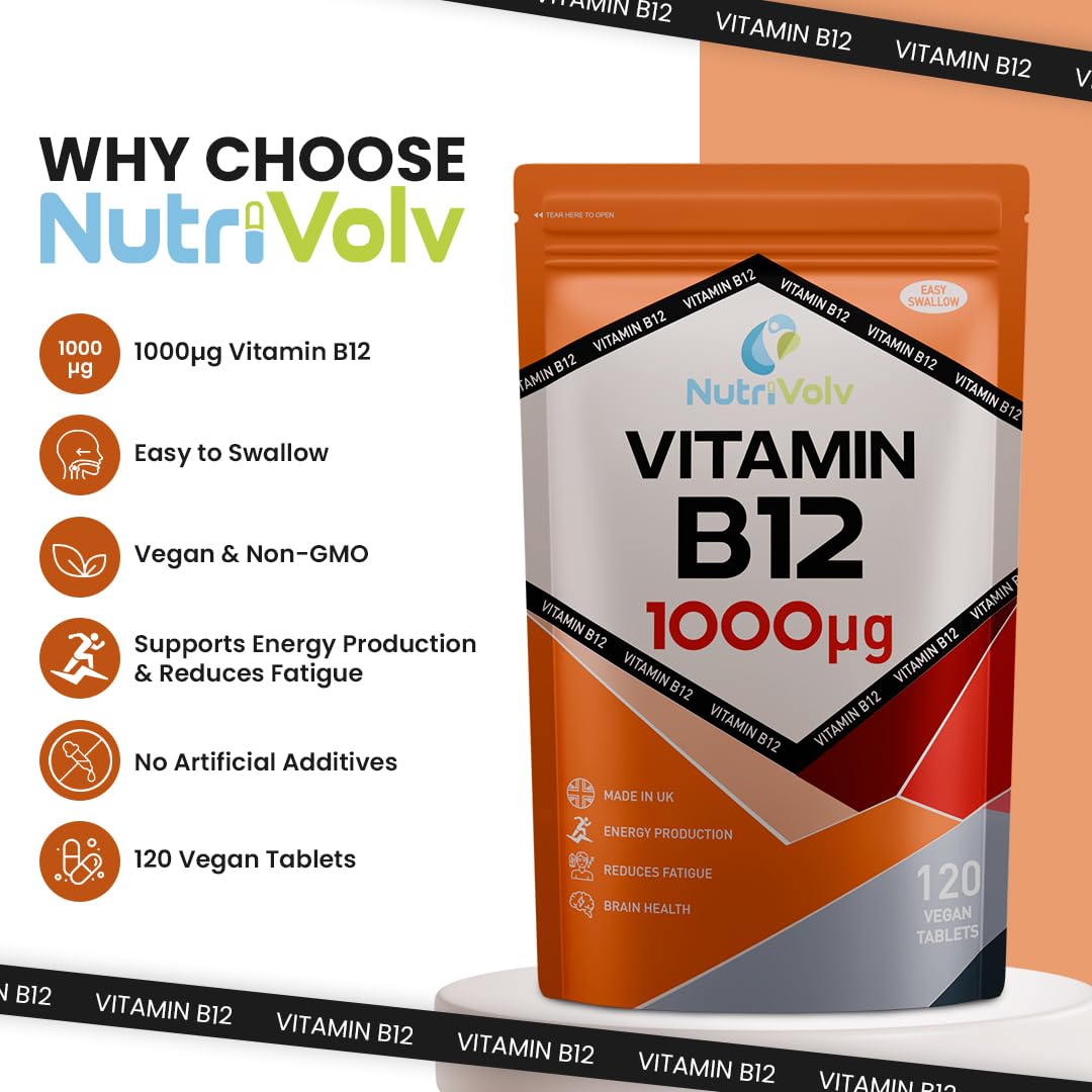 NutriVolv Vitamin B12 1000mcg - Pure Methylcobalamin - High Strength Vegan Supplement - Supports Immunity, Reduces Tiredness, Improves Energy - 120 Vegan Tablets - 4 Month Supply