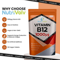 NutriVolv Vitamin B12 1000mcg - Pure Methylcobalamin - High Strength Vegan Supplement - Supports Immunity, Reduces Tiredness, Improves Energy - 120 Vegan Tablets - 4 Month Supply