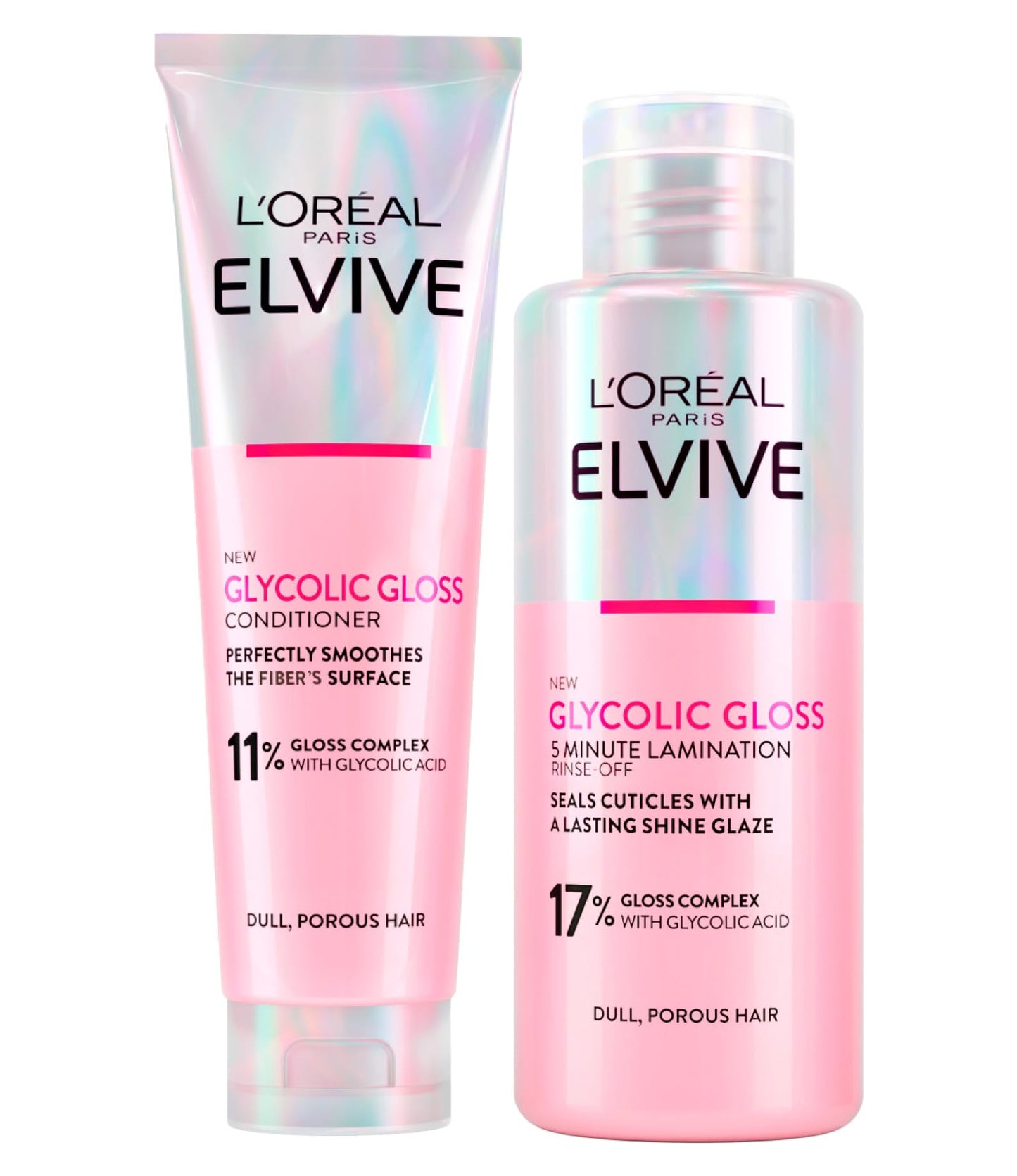 L'OREAL PARIS L'Oréal Paris Elvive Glycolic Gloss Glycolic Acid Hair Set with Conditioner 150ml + 5 Minute Lamination Treatment for Dull and Porous Hair 200ml - 2 Bottles