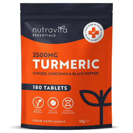 Turmeric Tablets 2500mg with Black Pepper, Ginger & Curcumin - 180 High Strength Tumeric Supplements (3 Month Supply) - Vegan - Alternative to Capsules - Letterbox Friendly - Made in UK - Nutravita
