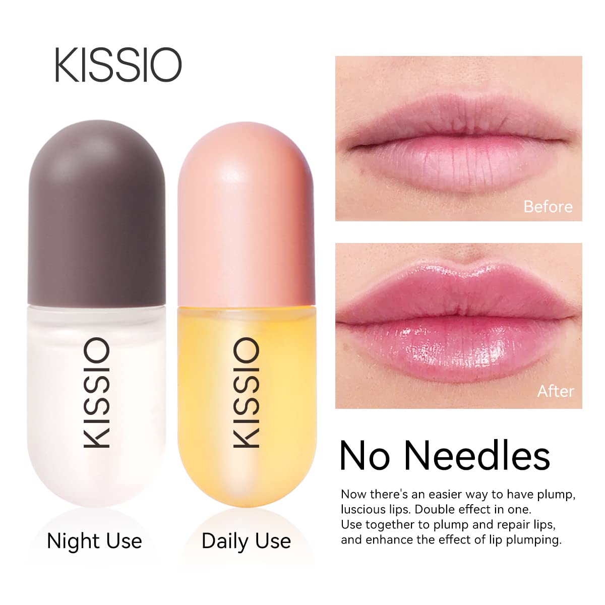 KISSIO Lip Plumper Set,Natural Lip Plumper,Lip Care, Lip Plumper Gloss,Lip Moisturizing Beautiful,Day Ues And Night Use Set,Clear, 2pcs