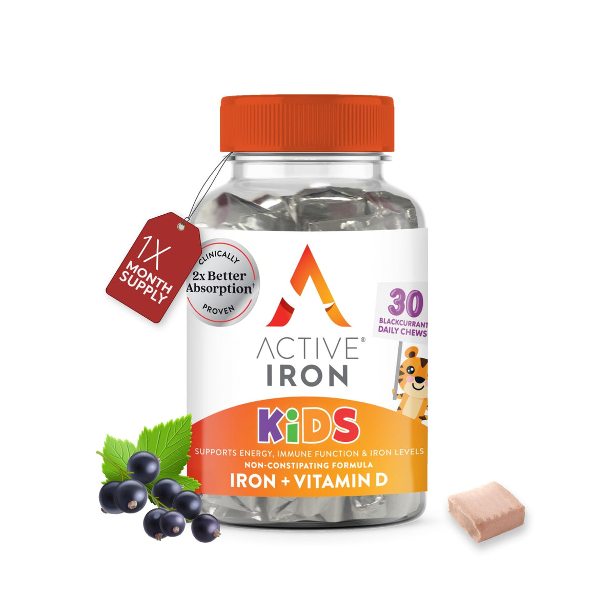 Solvotrin Active Iron Supplement 7 mg + Vitamin D for Kids – Increases Iron & Energy Levels – Gentle, Non-Constipating Blackcurrant Chews – Highly Absorbed – Supports Growth & Immune Health – 30 Chews