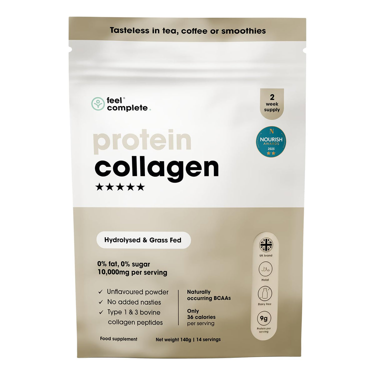 Feel Complete | High Protein Collagen Powder | No Sugar, No Sweeteners | Unflavoured | Grass Fed & Hydrolysed | Premium Type 1 & 3 Bovine Peptides | Halal | Skin, Hair & Nails | 140g | 14 Servings