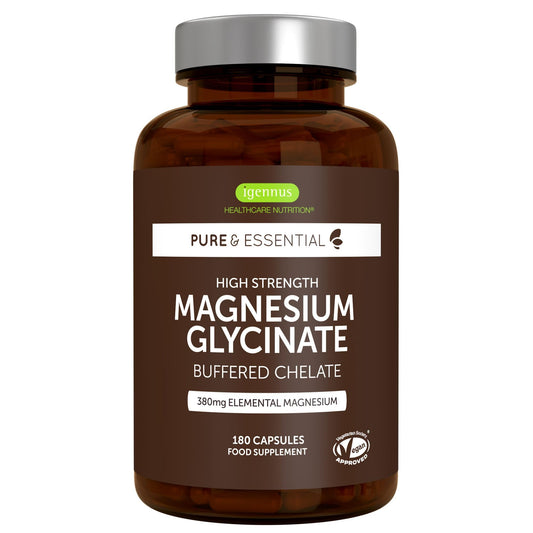 Igennus High Strength Magnesium Glycinate 1300mg, Buffered & Chelated, 380mg Elemental Magnesium, Clean Label, Vegan, 180 Capsules, 90 Servings