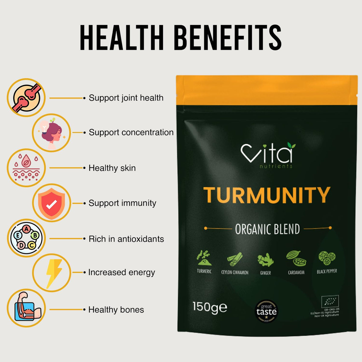 Vita Nutrients Turmunity Superfood Powder Blend 150g - Premium Organic Food - Vegan & Gluten Free - Rich Ayurveda, Turmeric, Black Pepper and More Formula - Ideal Latte Mix - Made in The UK