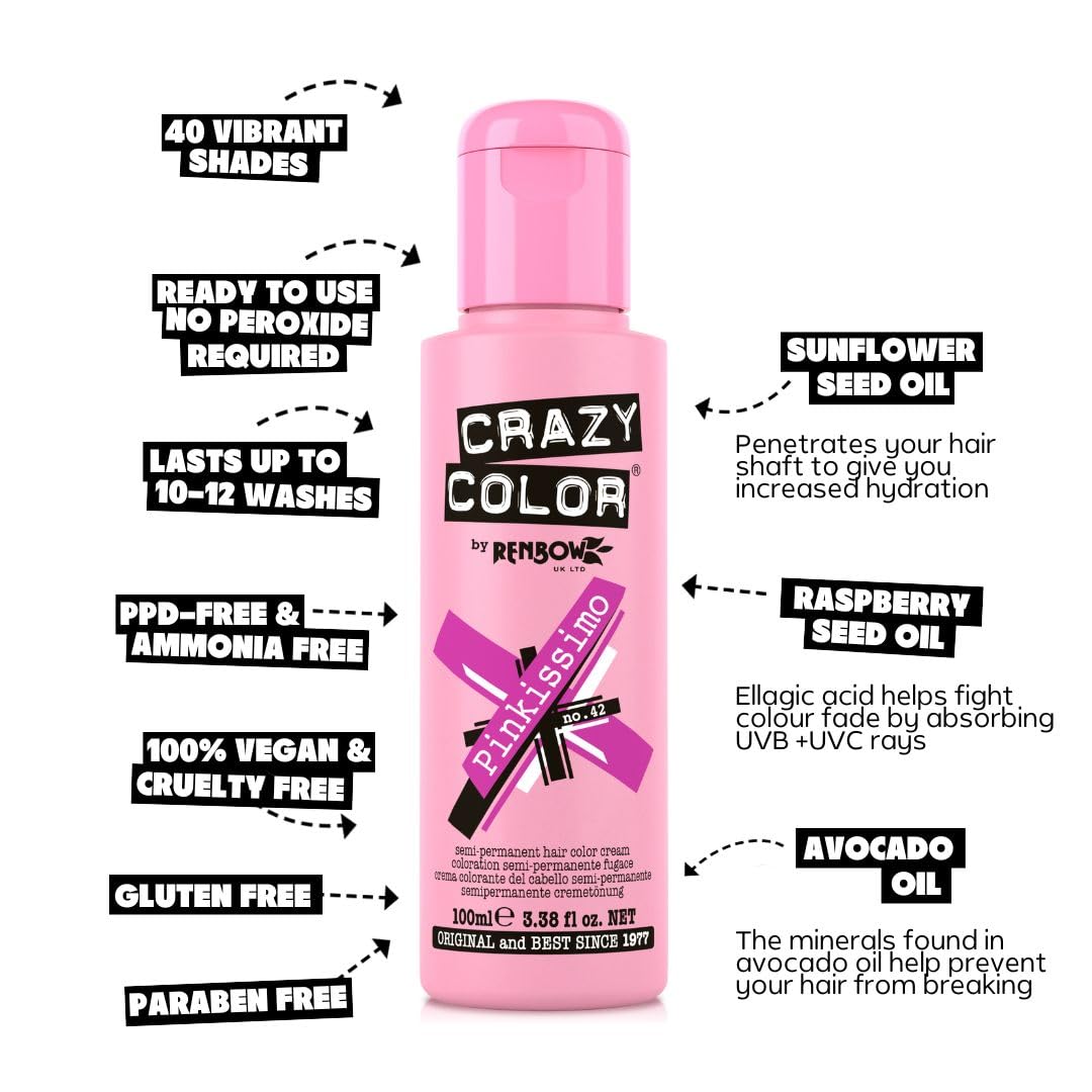 Crazy Color Vibrant Pinkissimo Semi-Permanent Hair Dye. Highly Pigmented Magenta Conditioning & Oil Nourishing Vegan Formula | No Bleach or Ammonia | 100ml