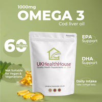 UKHealthHouse Cod Liver Oil Capsules 1000mg | High Strength Cod Liver Oil Capsules for Heart, Brain Health & Immune System | Rich in Omega 3 Fatty Acid, Fish Oil with EPA & DHA | 60 Softgels