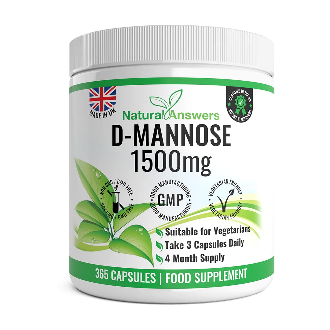 Natural Answers D-Mannose | 365 Capsules | Max Strength 1500mg per Serving - Precision DMannose - Vegetarian Capsules not Tablets or Pills, Made in The UK (365 Count (Pack of 1))