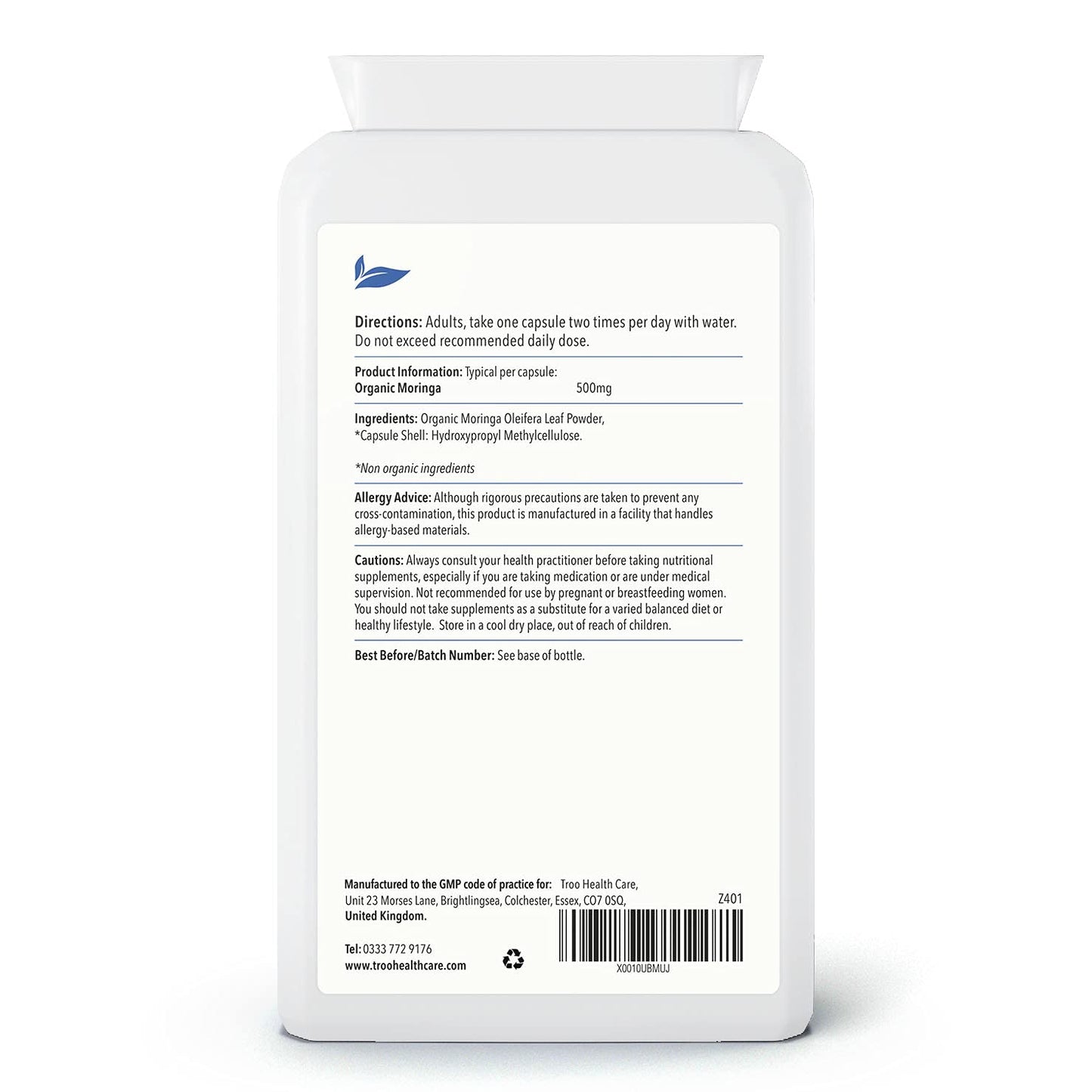 Troo Health Care Troo Organic Moringa Oleifera Supplement - 1000mg Per Serving 120 Capsules - Pure Moringa Leaf Powder Rich in Vitamins & Amino Acids - Suitable for Vegans