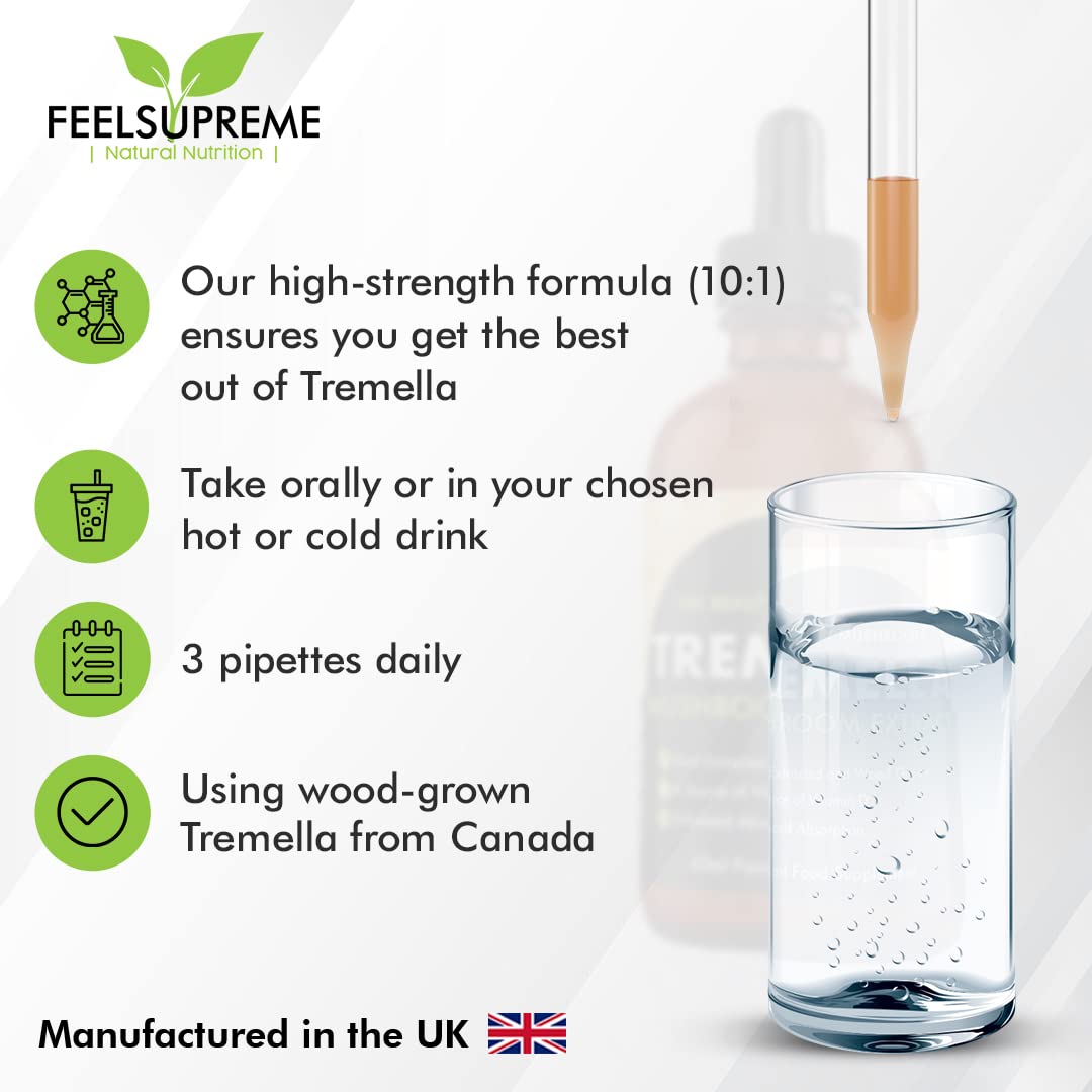 Feel Supreme - Tremella Liquid Extract - Wood Grown Mushroom Extract Supplement for Skin Health and Hydration - Mushroom Supplement, Mushroom Gifts, Supplements for Men and Women - 60ml