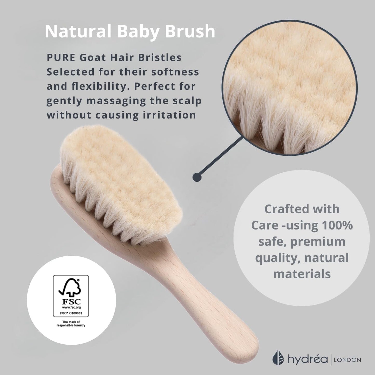 Hydrea London Hydréa London Natural Baby Brush – Soft Goat Hair Bristles for Gentle Scalp Care and Sensory Development