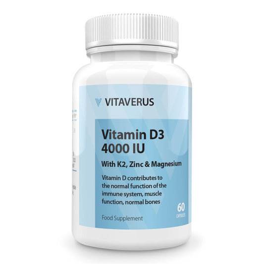 VITAVERUS Vitamin D3 4000 IU Supplement, with K2, Zinc & Magnesium, Made in UK, 60 Capsules