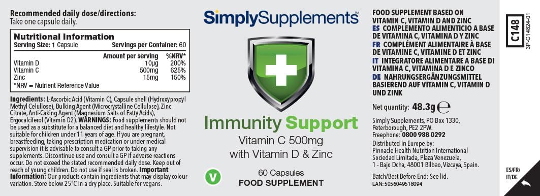 Simply Supplements Vitamin C, D and Zinc Capsules for Immunity Support | One-a-Day Formula | 60 Fast Release Capsules = 2 Months’ Supply | Vegan Friendly | Manufactured in The UK